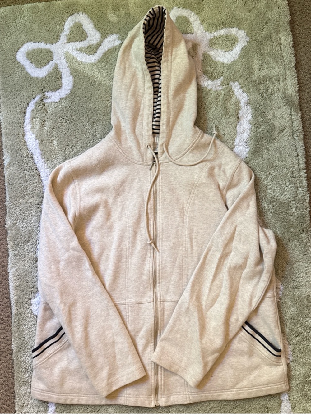 Petite Sophisticate Cream and Black Striped Hoodie Size Large